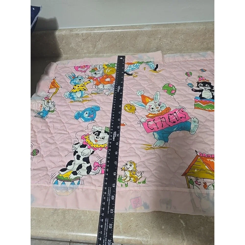 Vintage 60s Baby Blanket and Pillow Handmade Circus Animals Pink** FLAW READ**